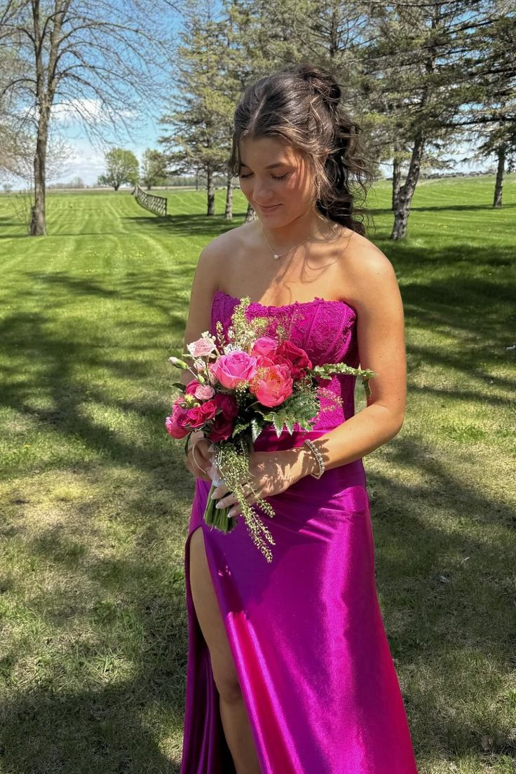 Elegant Strapless Fuchsia Lace Satin Mermaid Party Dress Slit Prom Dress - VelvetHem