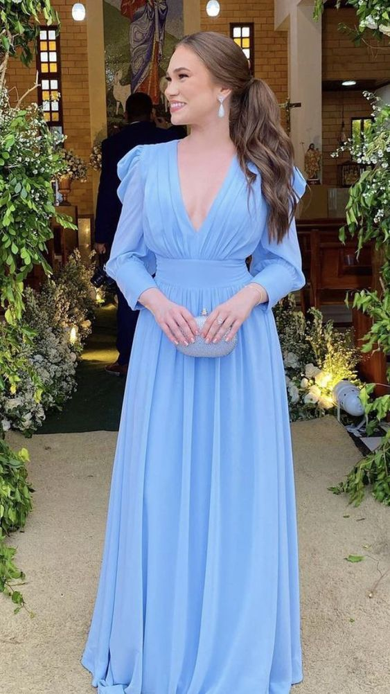 Light Blue Long Sleeves Chiffon Prom Dress Evening Dress - VelvetHem