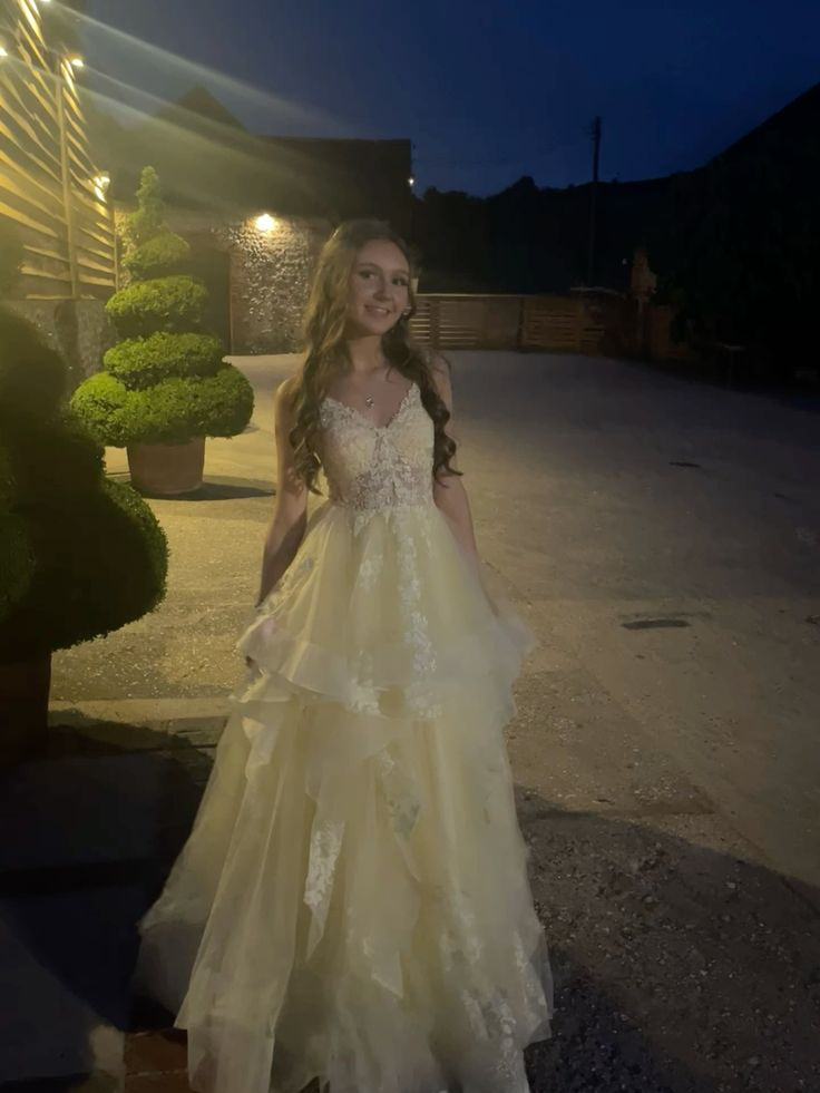 Pretty Yellow Tulle Appliques Long Wedding Guest Dress Birthday Party Dress