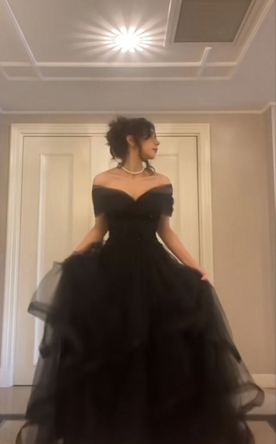 Black Off The Shoulder Tulle Long Prom Dress Black Formal Graduation Evening Dress Y7351 - VelvetHem