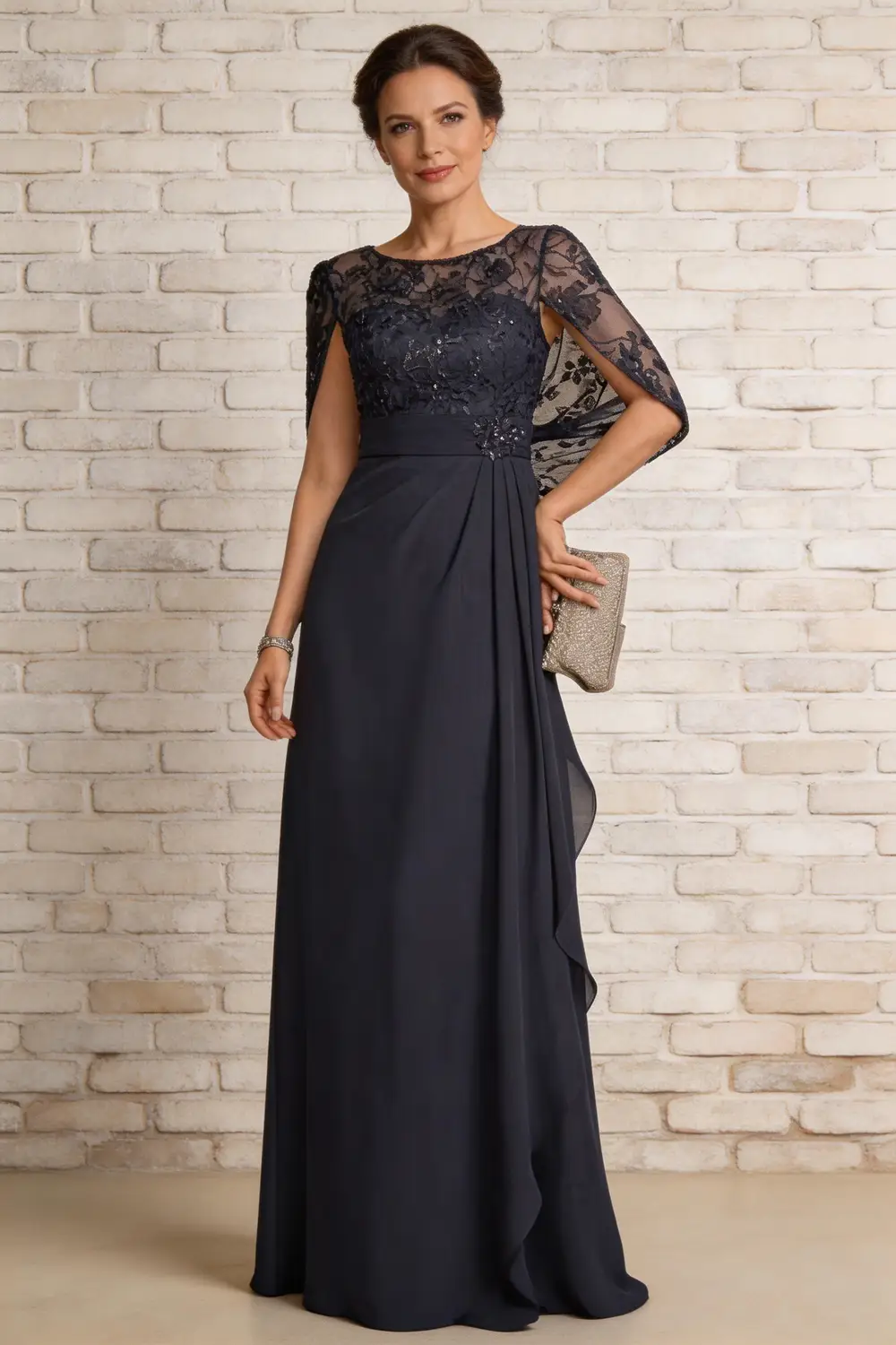 Dark Navy Lace Cape Sleeve Chiffon A Line Mother Of The Bride Formal Gown (ZD17162)