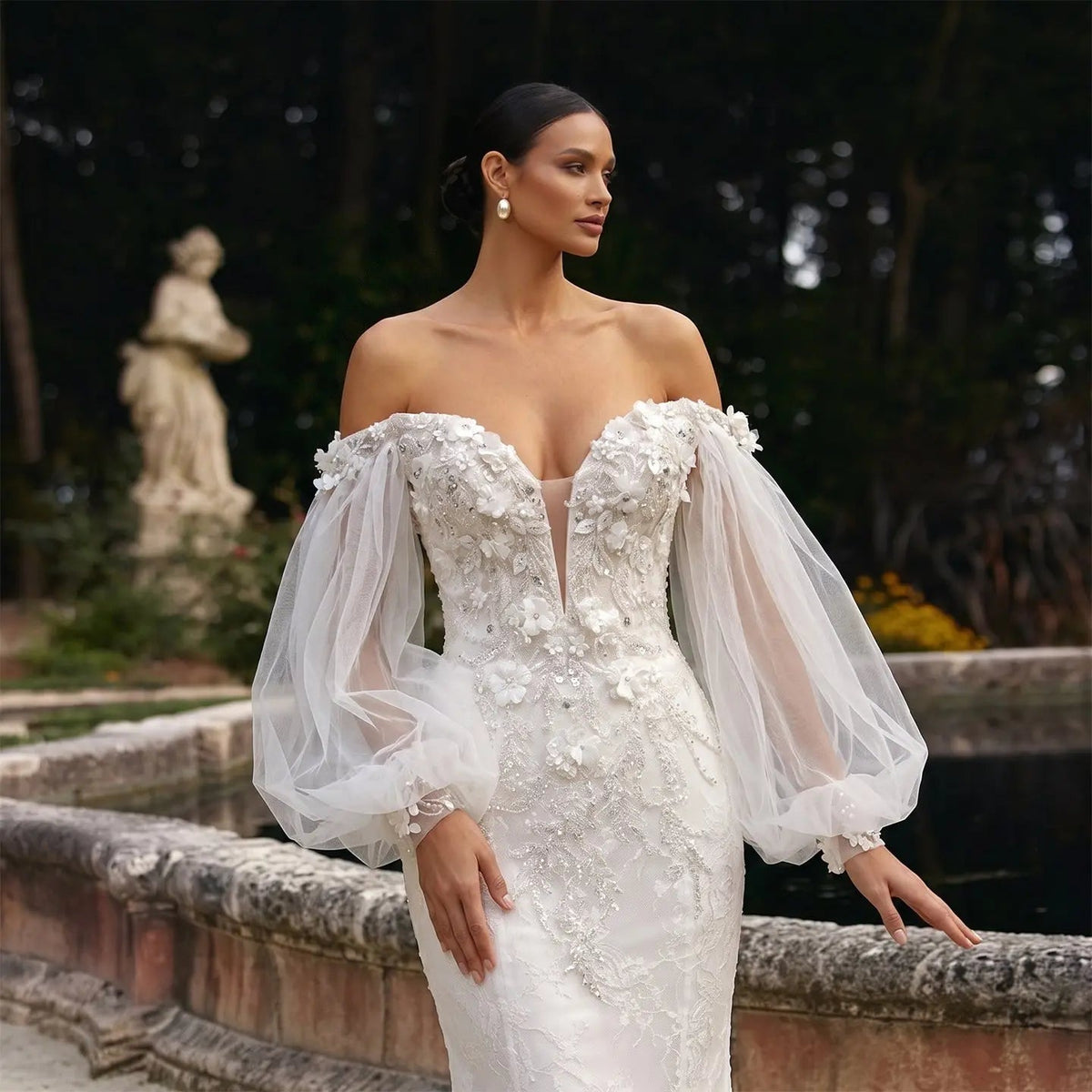 White Off‑The‑Shoulder Puff Sleeve 3D Floral Mermaid Wedding Dress ZP005