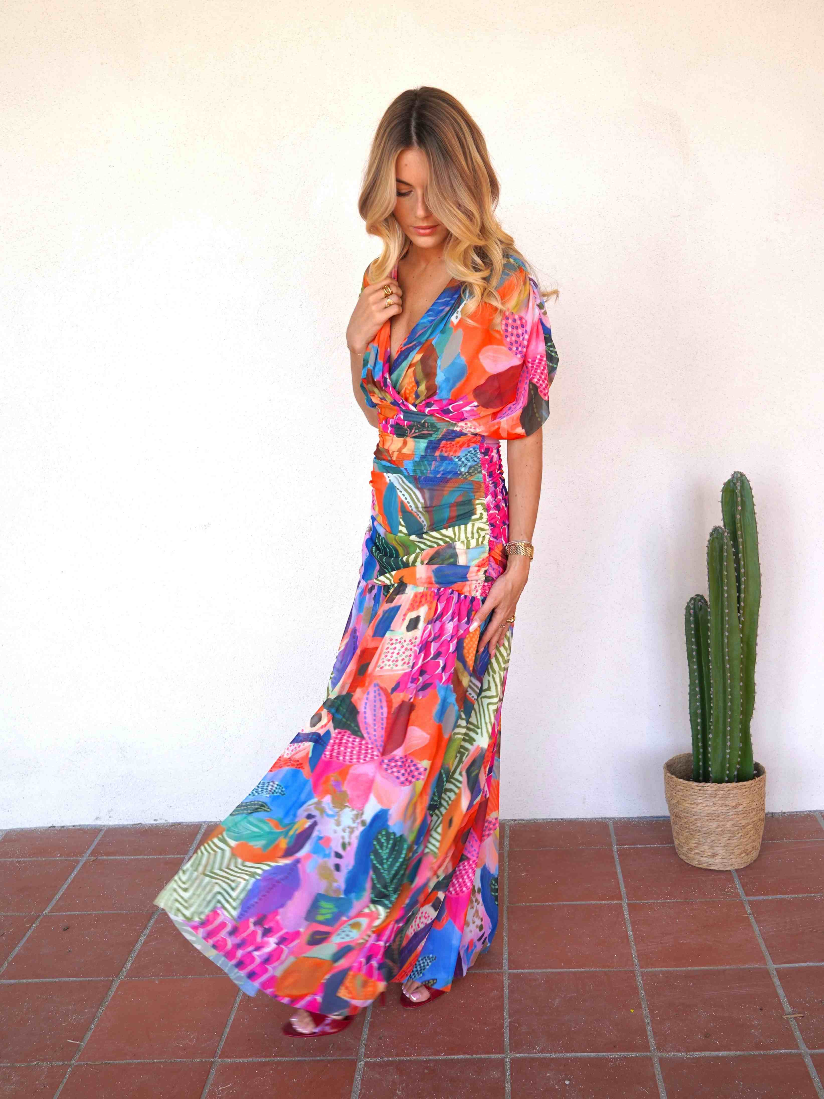 Abstract Multicolor Print Mesh Maxi Dress