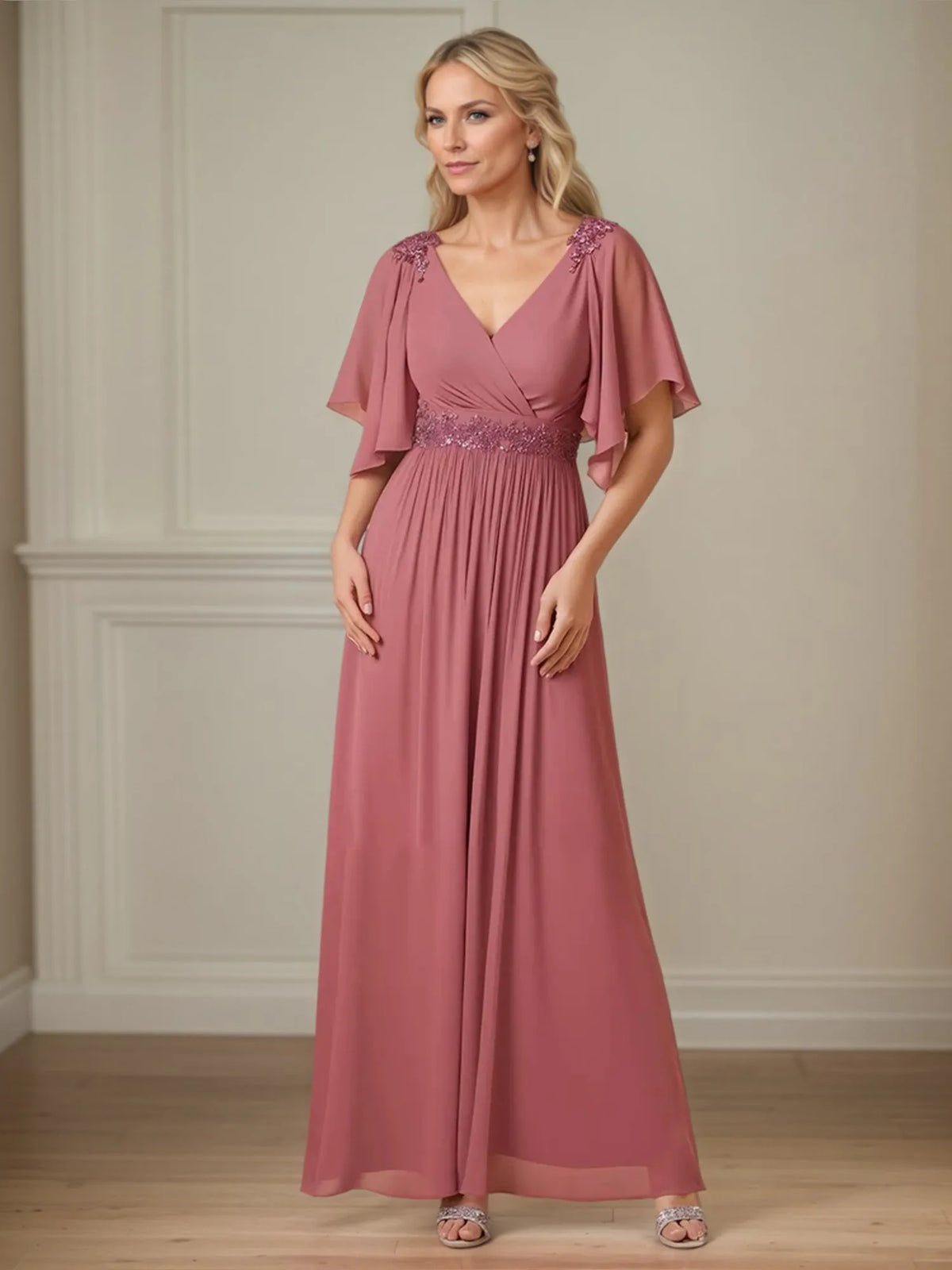 A Line Chiffon Floor Length Mother of the Bride Dress with Appliques - VelvetHem