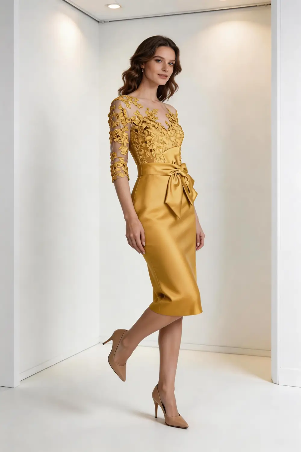 Gold Lace Illusion Neck Satin Sheath Dress With Bow Waist (ZD17151)
