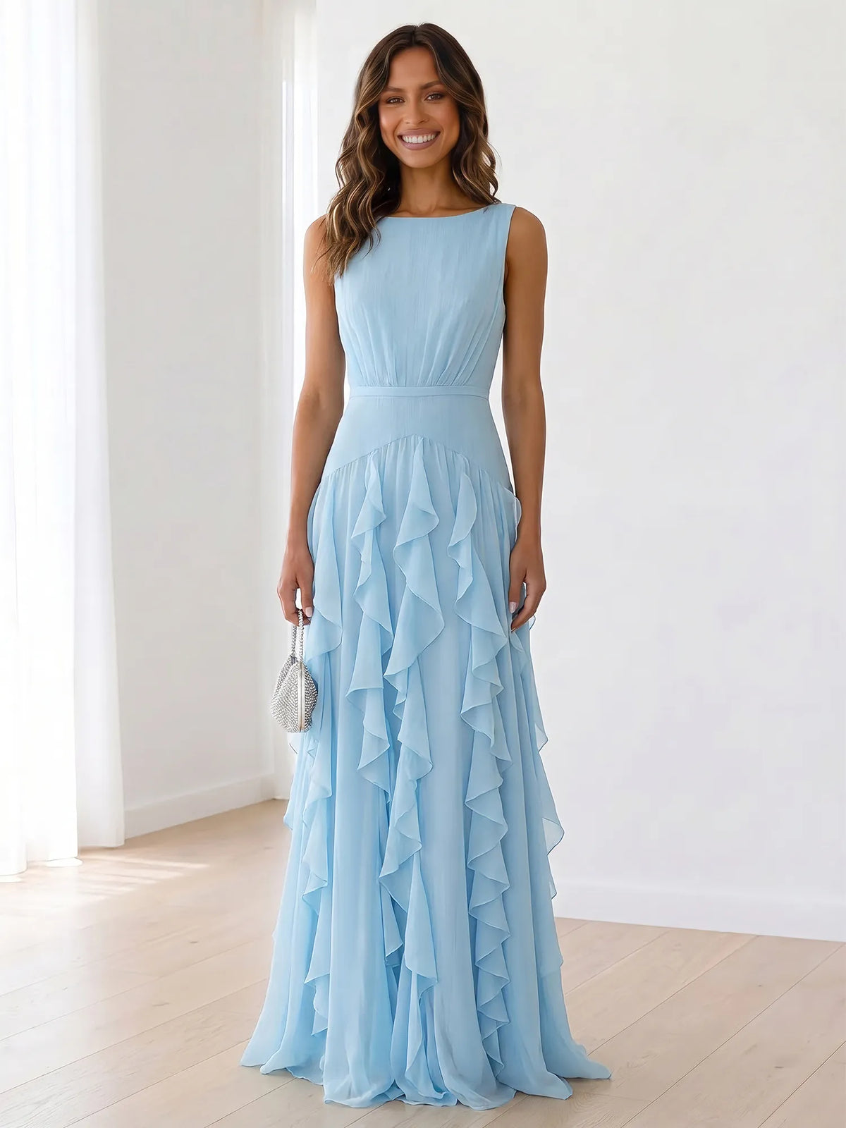 Sleeveless Tiered Chiffon Maxi Evening Gown with Ruched Bodice