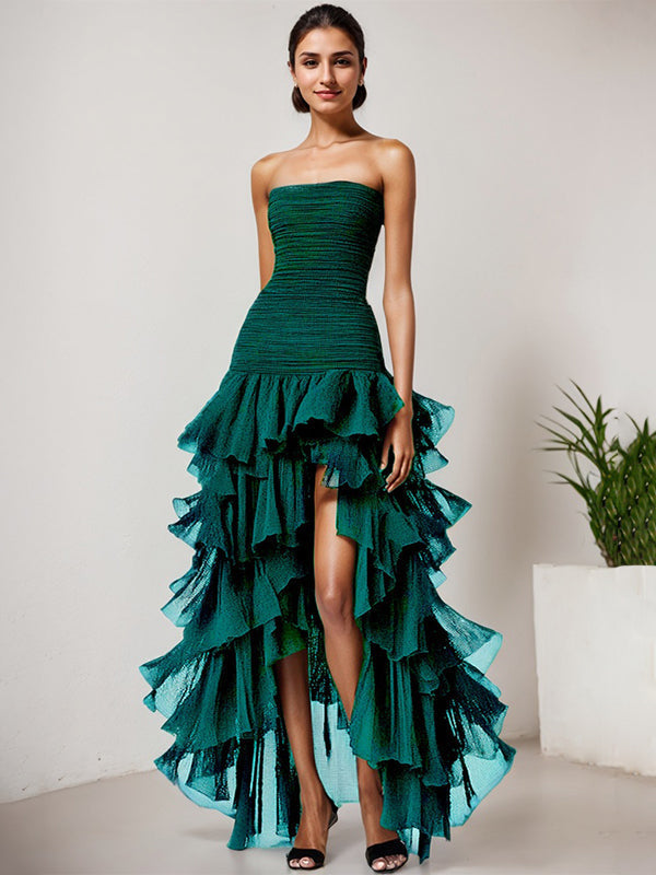 Chic Dark Green Strapless Tulle Tiered Long Formal Dress - VelvetHem