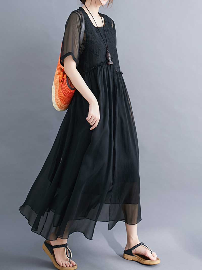 Embroidered Silk Round-Neck A-Line Dress