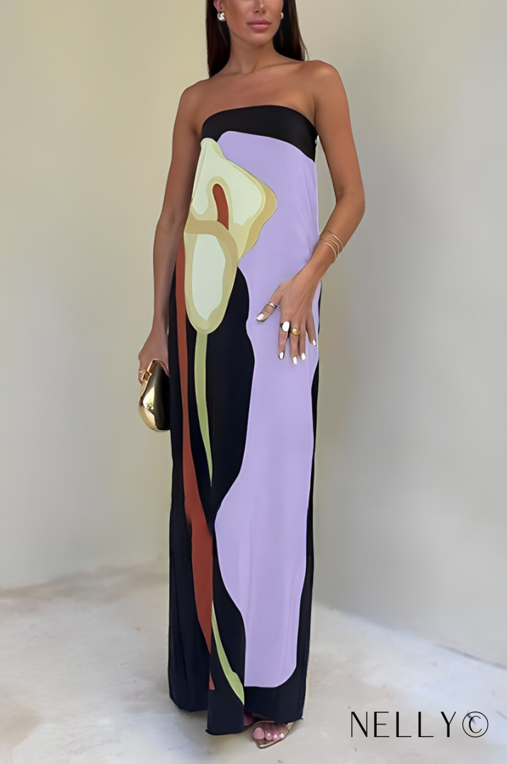 Katia Aesthetic Strapless Color Block Print Maxi Dress Elevated Occasion Wear
