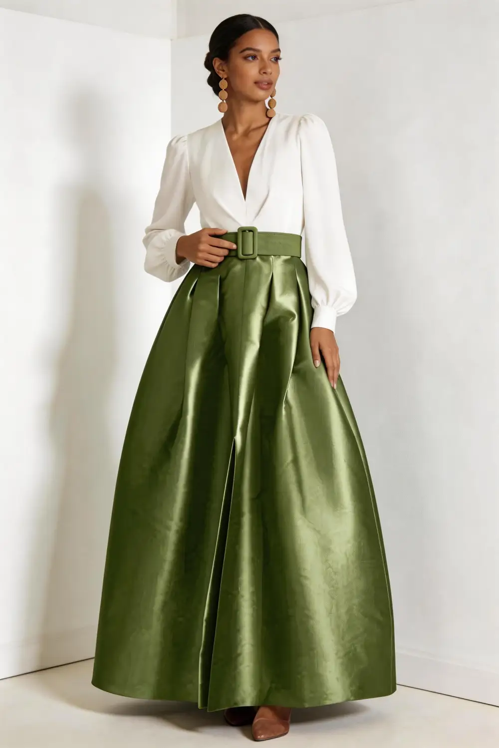 Two Piece Sage Green Satin Maxi Skirt Set With White V Neck Blouse (ZD17148) - VelvetHem