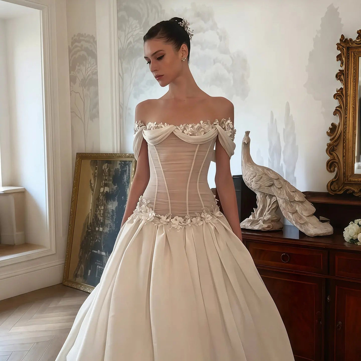 Elegant Ivory Off-the-Shoulder Floral Lace Ball Gown Wedding Dress ZP075