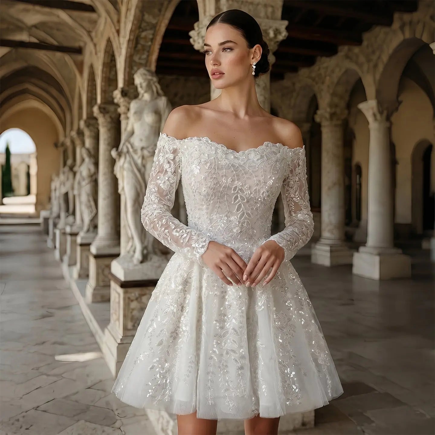 Elegant Off White Off-the-Shoulder Lace Short Wedding Dress ZP048