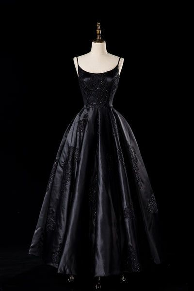 Sexy Satin Spaghetti Strap Black Wedding Gown A Line Party Evening Dress Formal Prom Dress Y7545 - VelvetHem