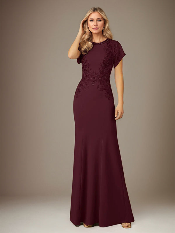 Cabernet Trumpet/Mermaid Stretch Crepe Scoop Neck Flutter Sleeve Floor Length Dress - VelvetHem