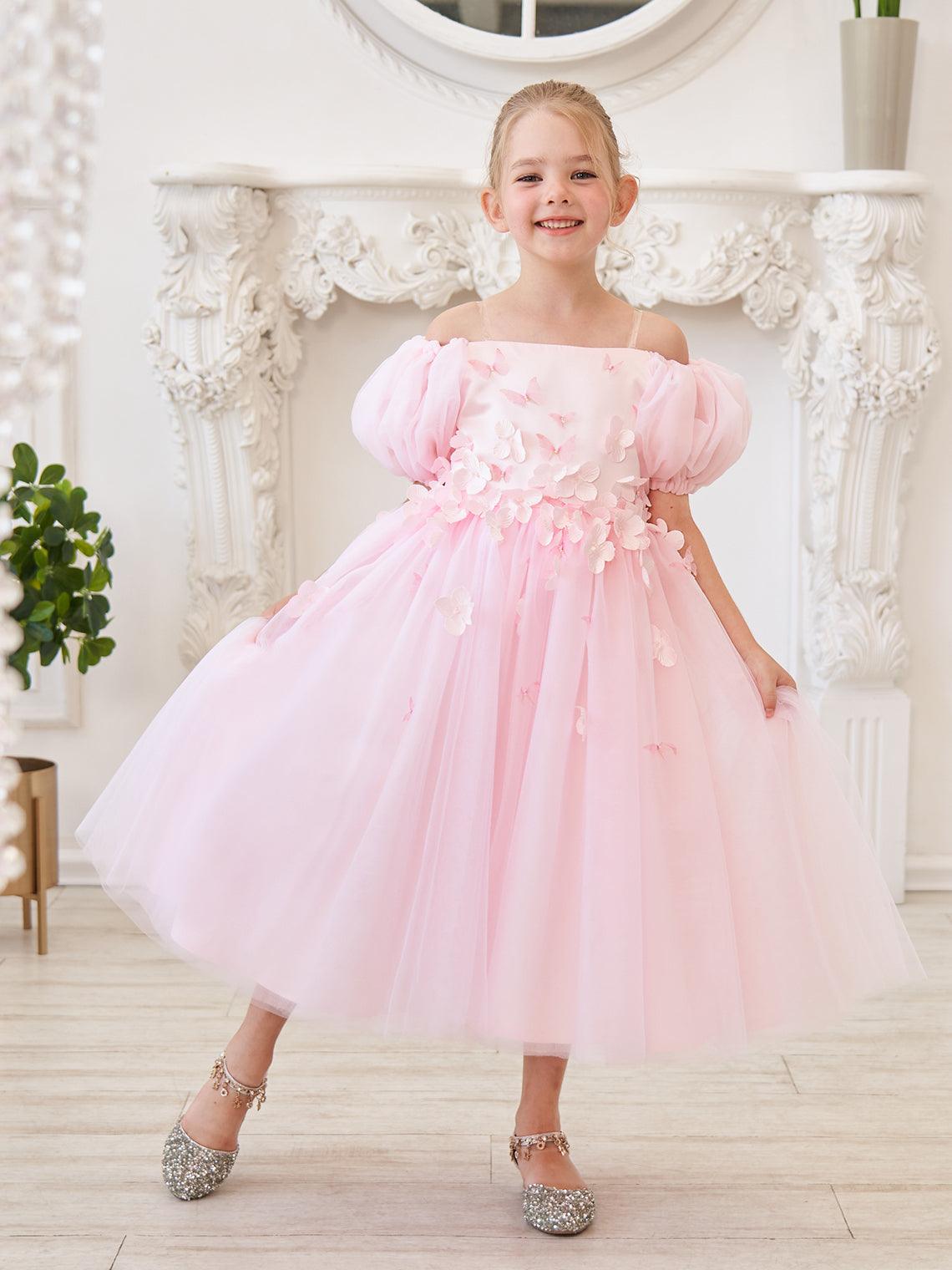 Puffy Sleeves Off-Shoulder 3D Floral Appliques Tulle Tea-length Flower Girl Dress - VelvetHem