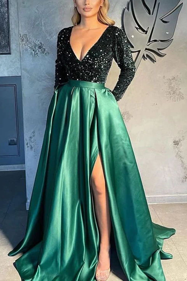 Gorgeous Long Sleeves V-Neck Sequins Satin Prom Dress - VelvetHem