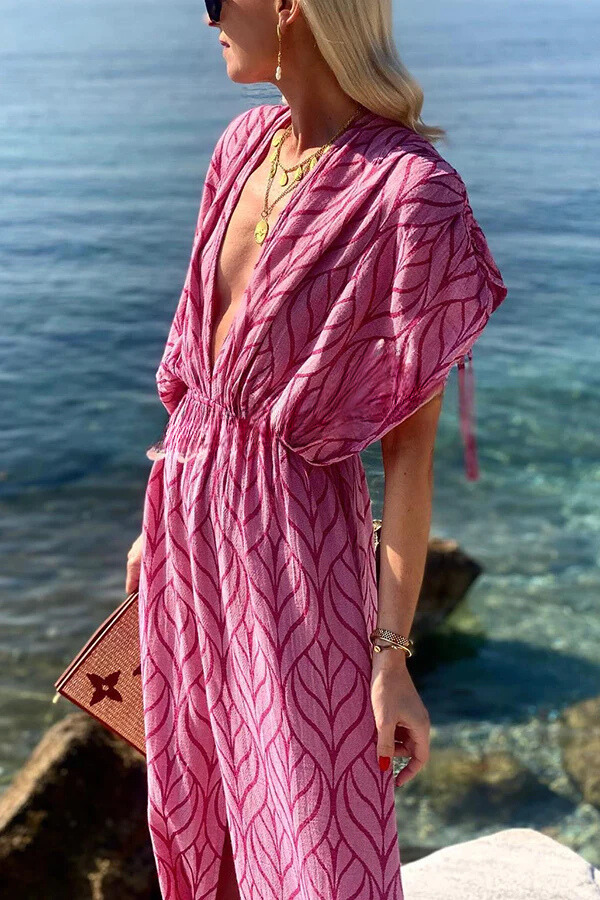 Adriana Boutique Printed Kimono Beach Maxi Dress with Drawstring Design Elevated Occasion Wear