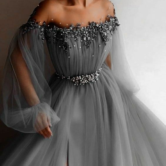 Gray Evening Dress, Off The Shoulder Prom Vintage Dress - VelvetHem