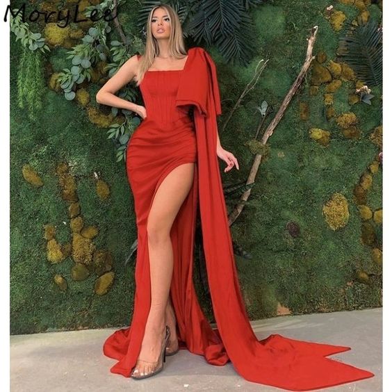 Women's satin slit long gown prom dresses - VelvetHem