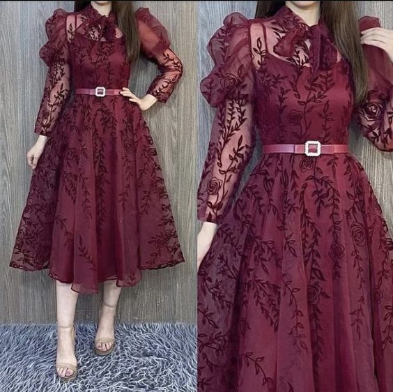 Burgundy A line tulle lace prom dress tulle party dress - VelvetHem