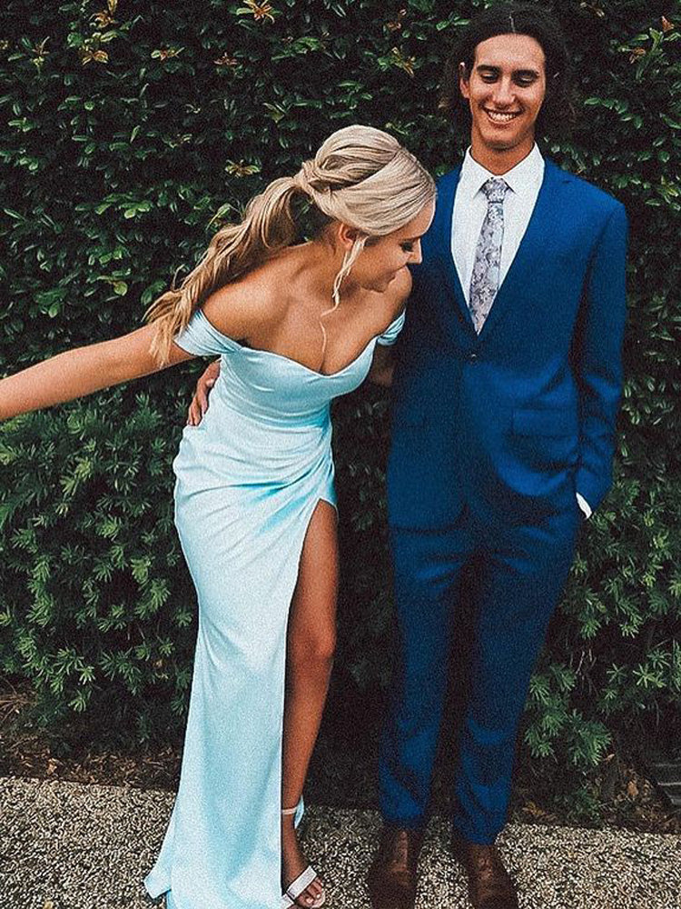 Chic Sheath Sweetheart Light Blue Split Prom Dresses
