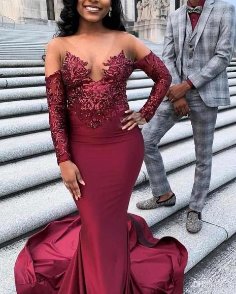 2023 Mermaid Burgundy Long Sleeves Stretchy Long With Appliques Prom Dresses - VelvetHem