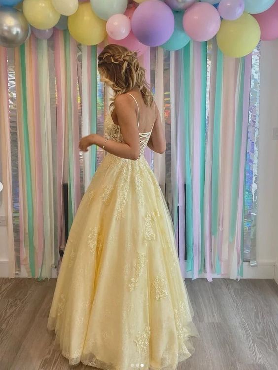 Yellow A line tulle lace long prom dress yellow tulle long party dress