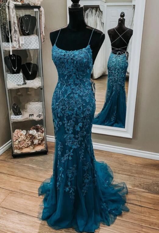 Straps Mermaid Dark Teal Backless Long Prom Dress With Lace - VelvetHem
