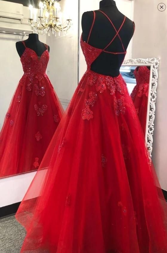 V Neck Spaghetti Straps A Line Lace And Tulle Long Prom Dress ,Party Dress,Evening Dress - VelvetHem