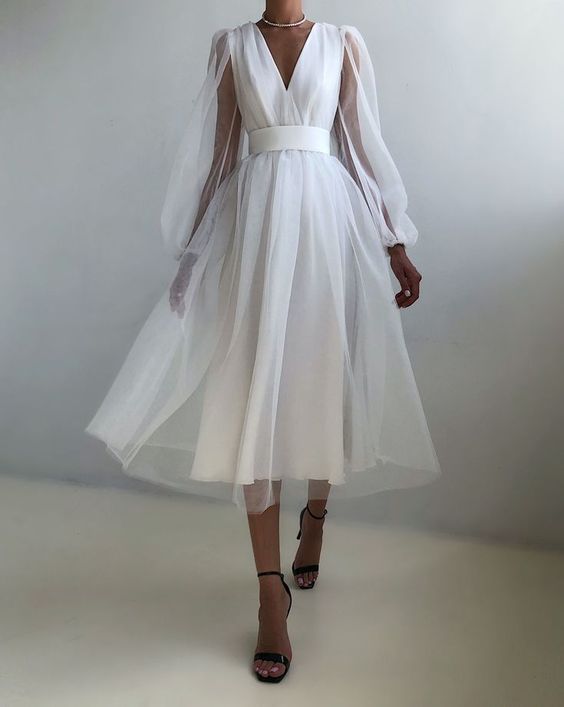 Graduation dress Short A Line Prom Dresses V Neck Long Puff Sleeve Tulle Formal Wedding Evening Party Dresses For Graduation - VelvetHem