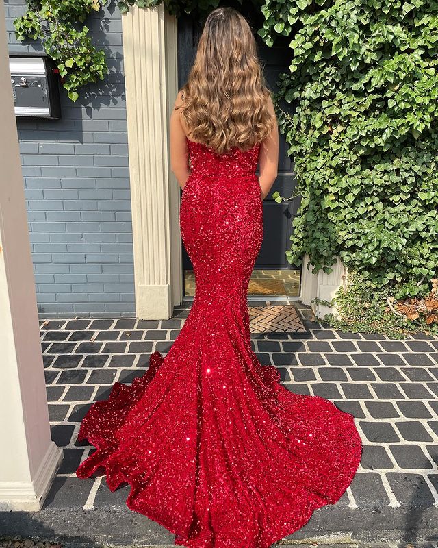 Charming Sparkly Mermaid V Neck Red Sequins Long Prom Dresses