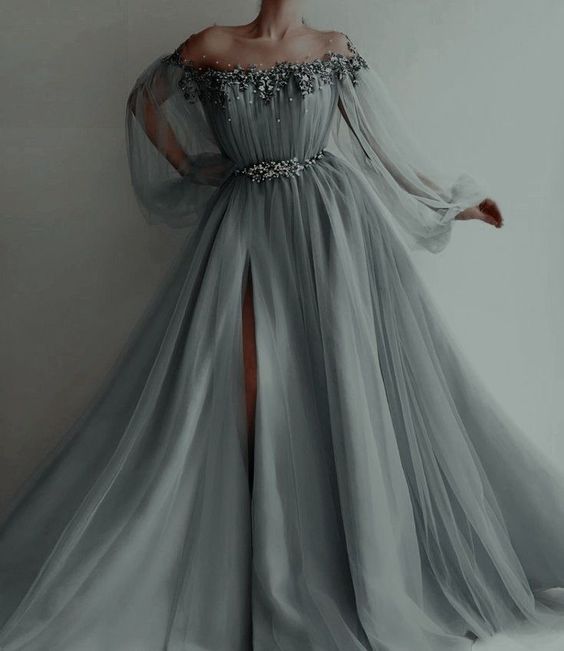 Gray Evening Dress, Off The Shoulder Prom Vintage Dress