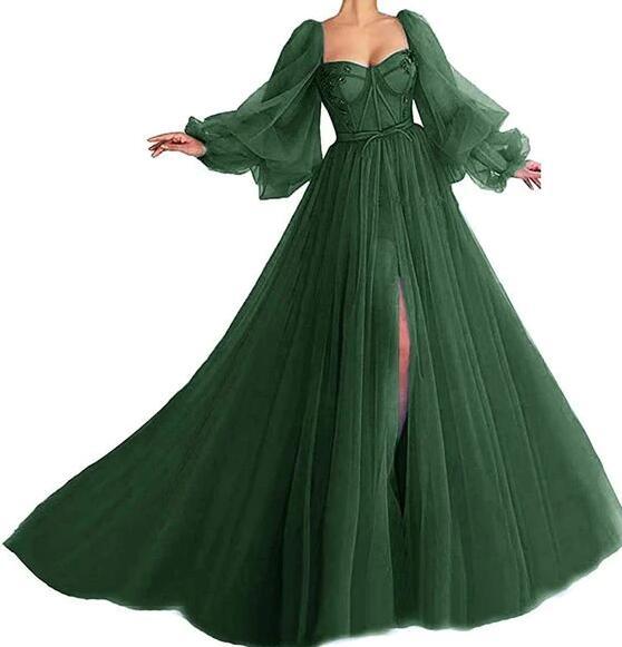 Vintage Tulle Puffy Sleeve Prom Evening Dress with Split - VelvetHem