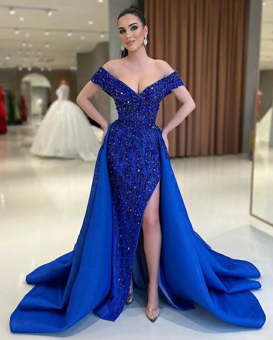 Elegant Off The Shoulder Blue Evening Dress - VelvetHem