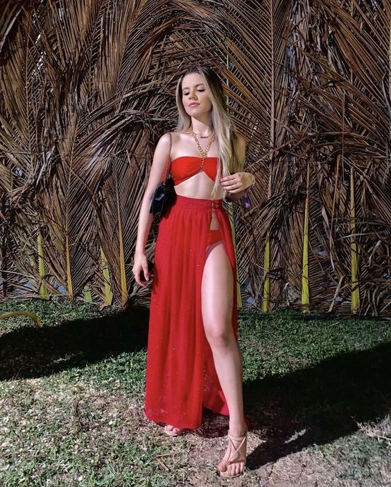 Elegant Two Piece Red Prom Dress Long Evening Dress - VelvetHem