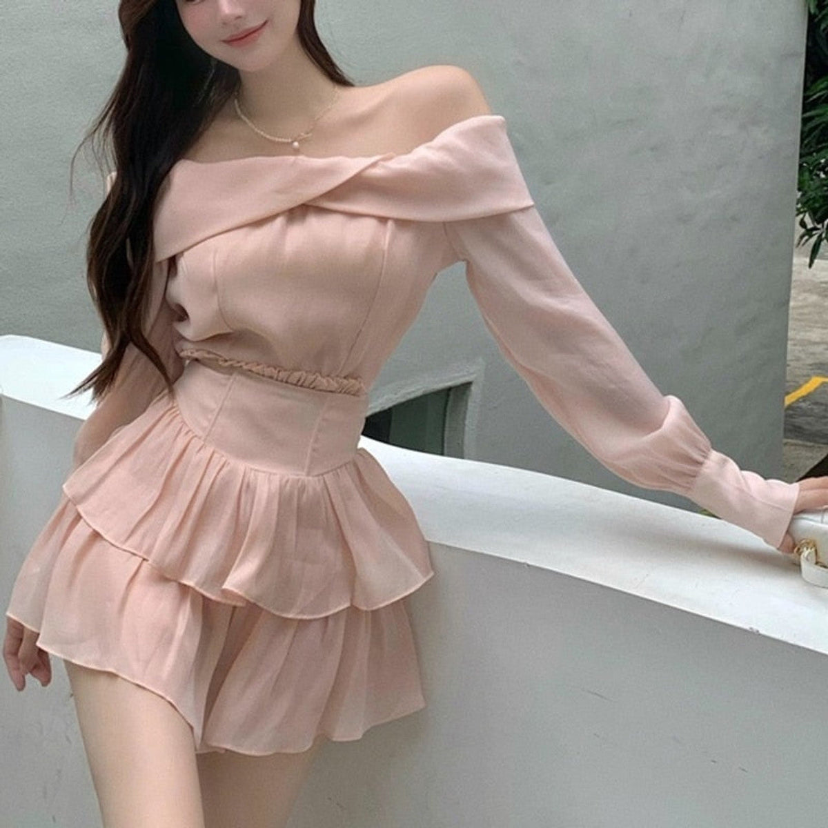 Off Shoulder Cross Slash Neck Long Sleeve Homecoming Dress - VelvetHem