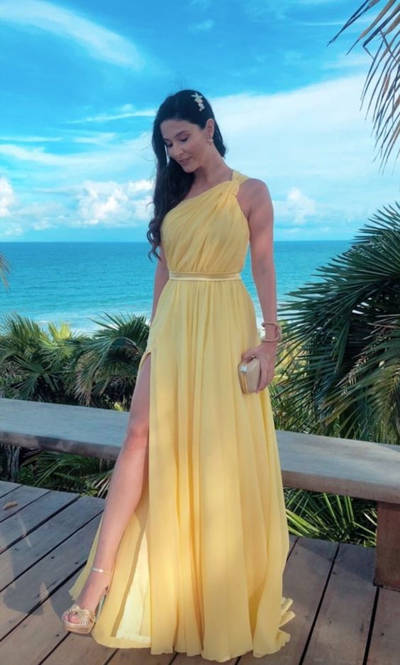 Yellow One Shoulder Long Prom Evening Dresses ,Sexy Prom Dress - VelvetHem