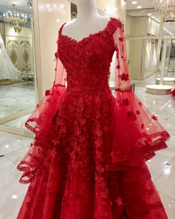 Red Long Lace Tulle Prom Dresses, Long Wedding Dresses - VelvetHem