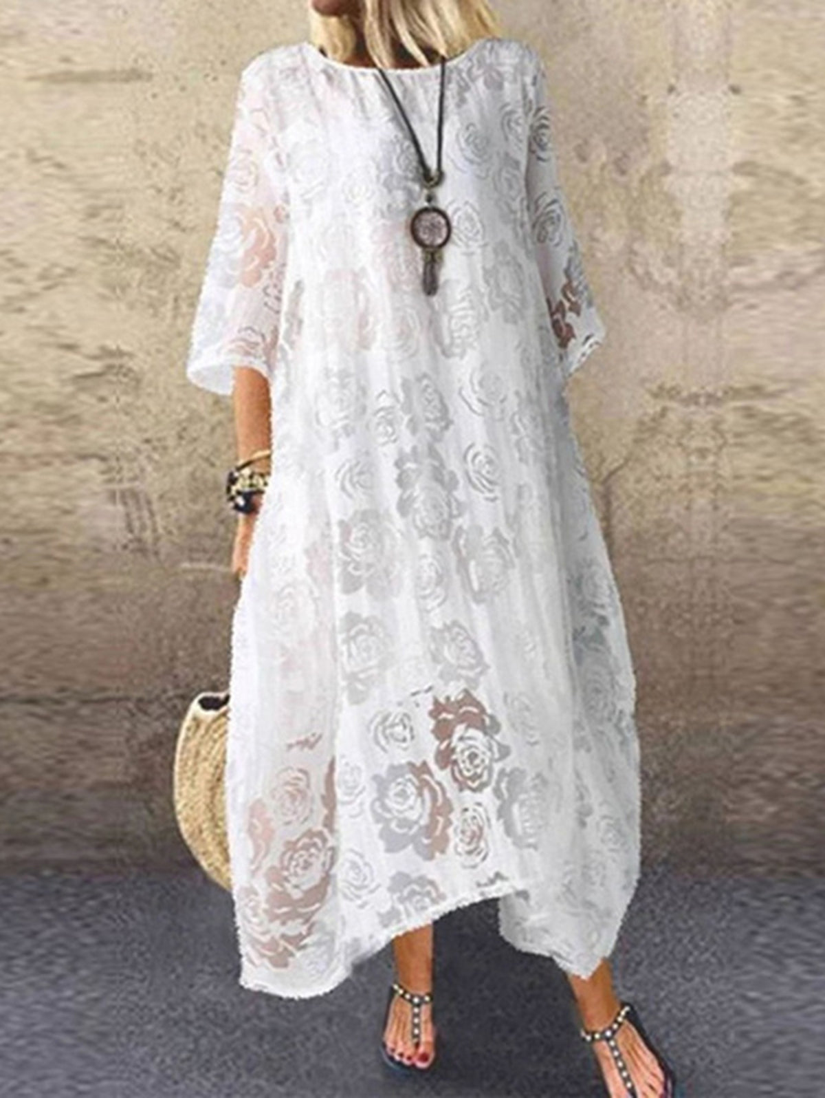White Crew Neck Lace Splicing Maxi Dress Half Sleeve - Omychic