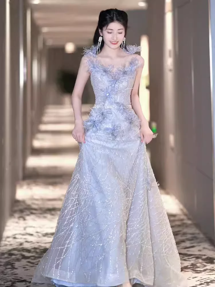 A line Straps Sequin Beads Long Evening Dress Prom Dresses With Flowers