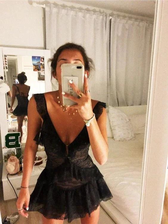 A-line V Neck Black Lace Homecoming Dress Sleeveless Party Dress (ZD12571) - VelvetHem