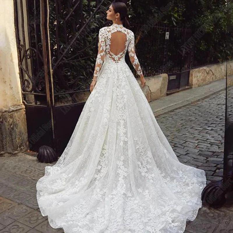 Wedding Dresses For Bride Long Sleeves Luxury Lace Backless High Neck Bridal Gown Appliques Vestidos De Boda (ZD13445)