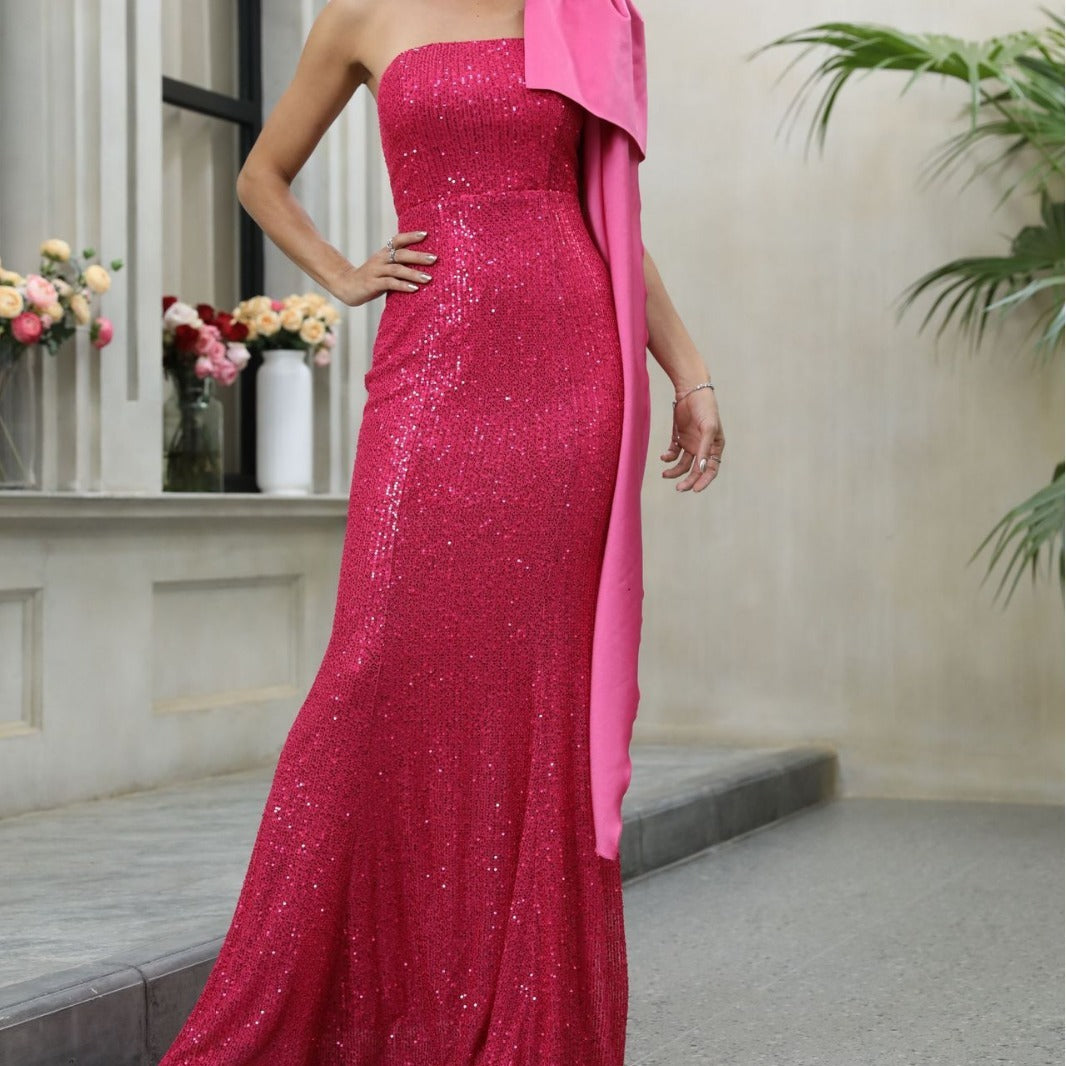 Red off Shoulder Dress Niche Irregular Asymmetric Single Shoulder Suspender Waist Slimming Sequined Elegant Evening Dress - VelvetHem