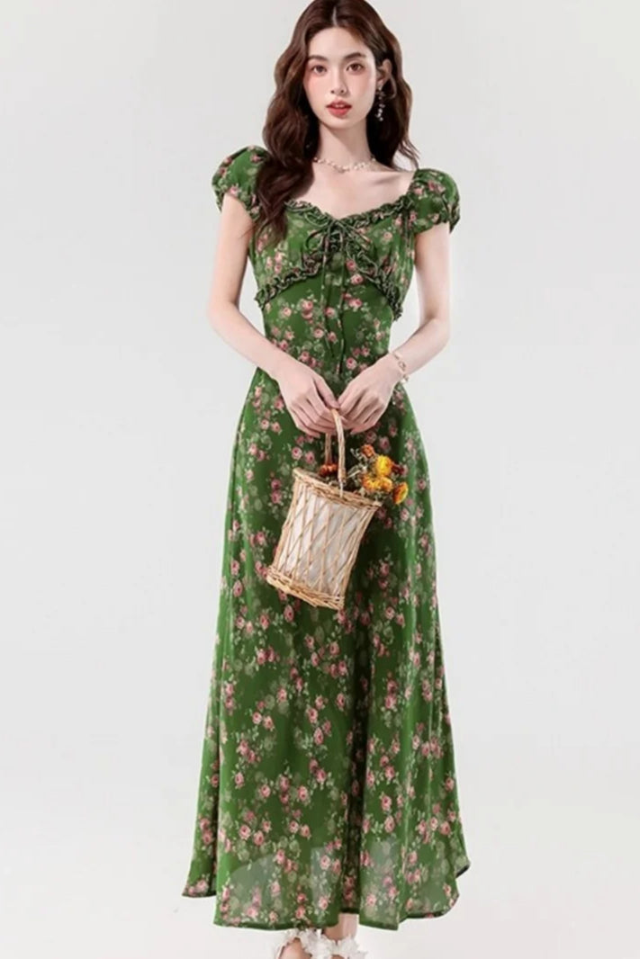Retro Slim Green V-Neck Floral Dress - View 2 | VelvetHem