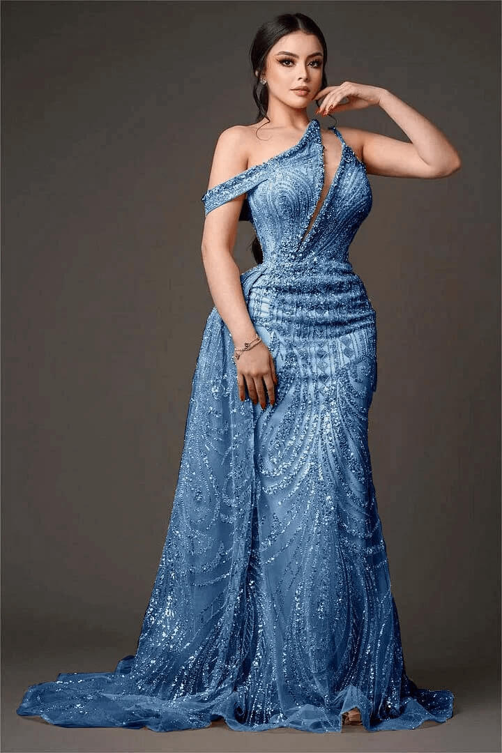 Champagne Gold Prom Dress One Shoulder Sleeveless Evening Formal Dress With Bead Embroidery