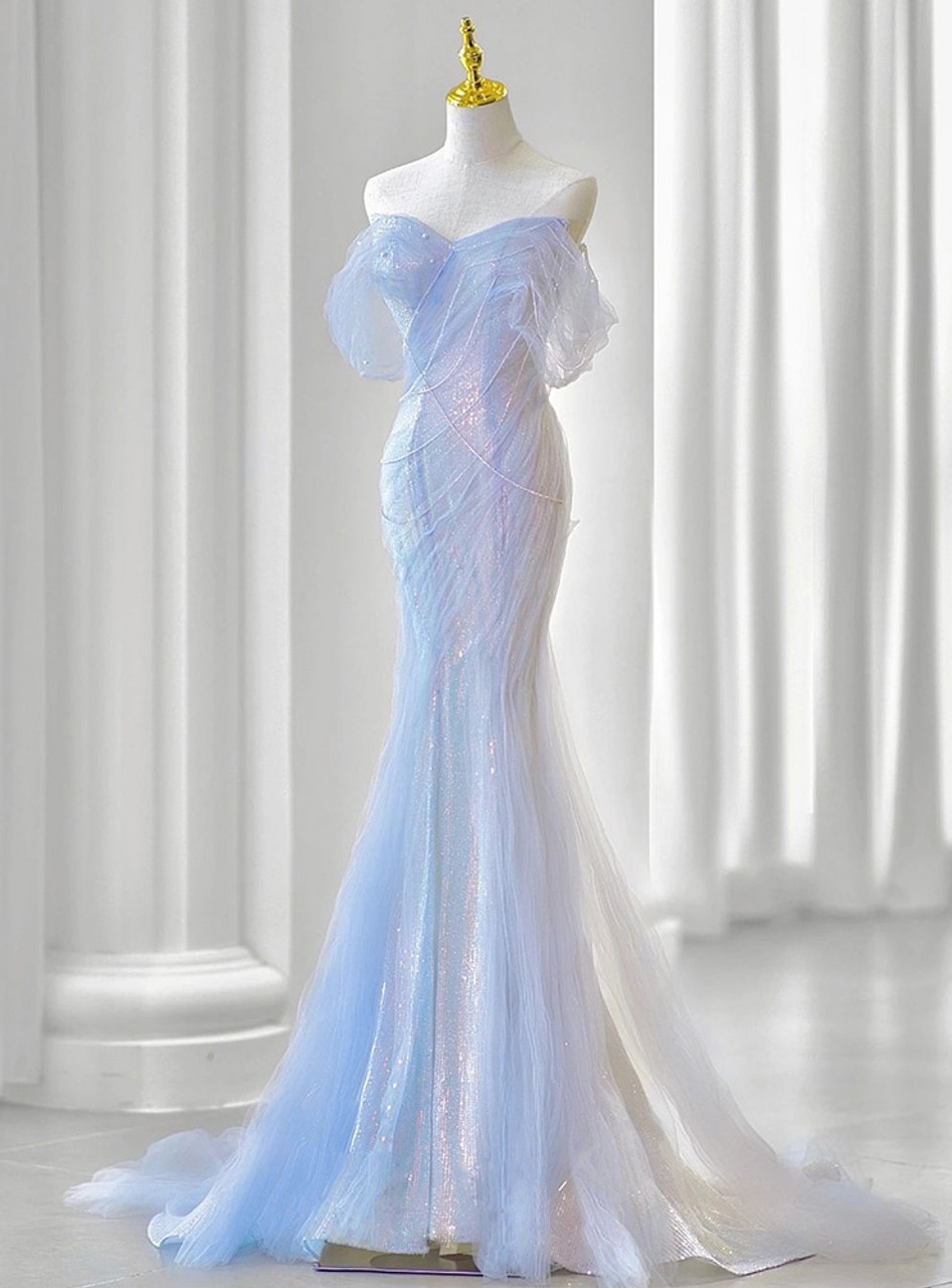 Glitter Mermaid Sequins Tulle Pleats Prom Dress Party Evening Dress - VelvetHem