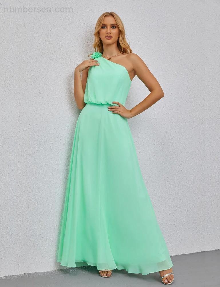Ruffled One Shoulder Sleeveless Long Bridesmaid Dresses A-line Formal Evening Gown Side Split 28080 (ZD17018)
