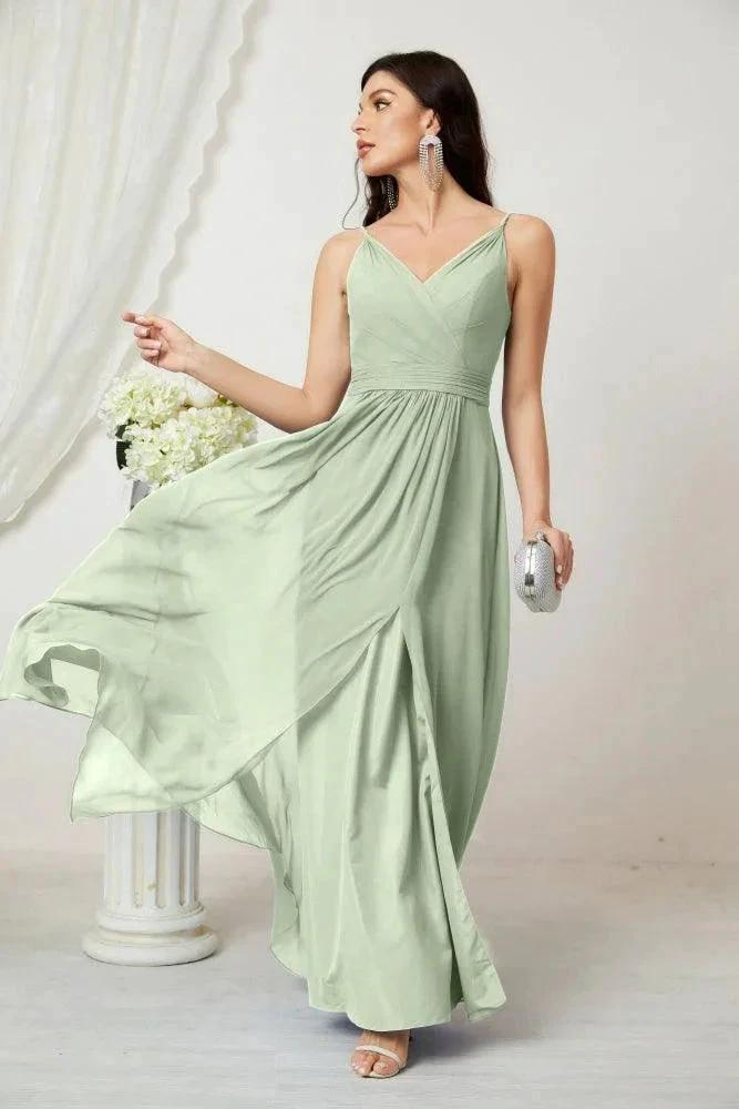 Numbersea Chiffon V-Neck Bridesmaid Dress Spaghetti Strap Long Formal Party Prom Gowns with Slit 28010 by numbersea
