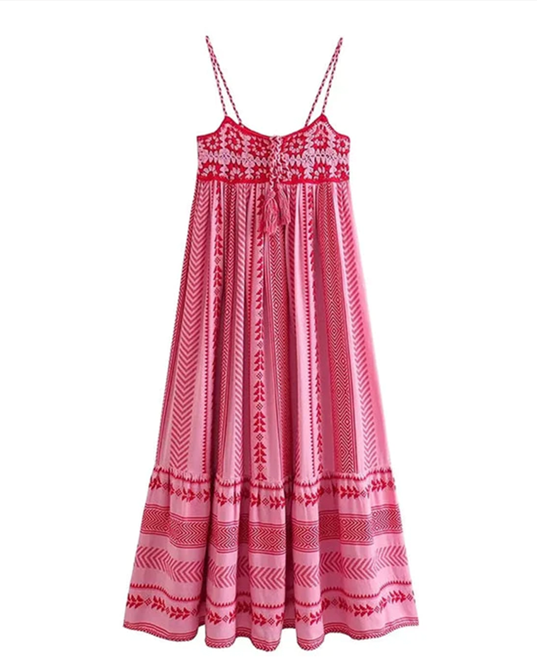 Elisa Statement Printed Embroidered Camisole Midi Dress with Lace Up Detail Evening Wear Edit