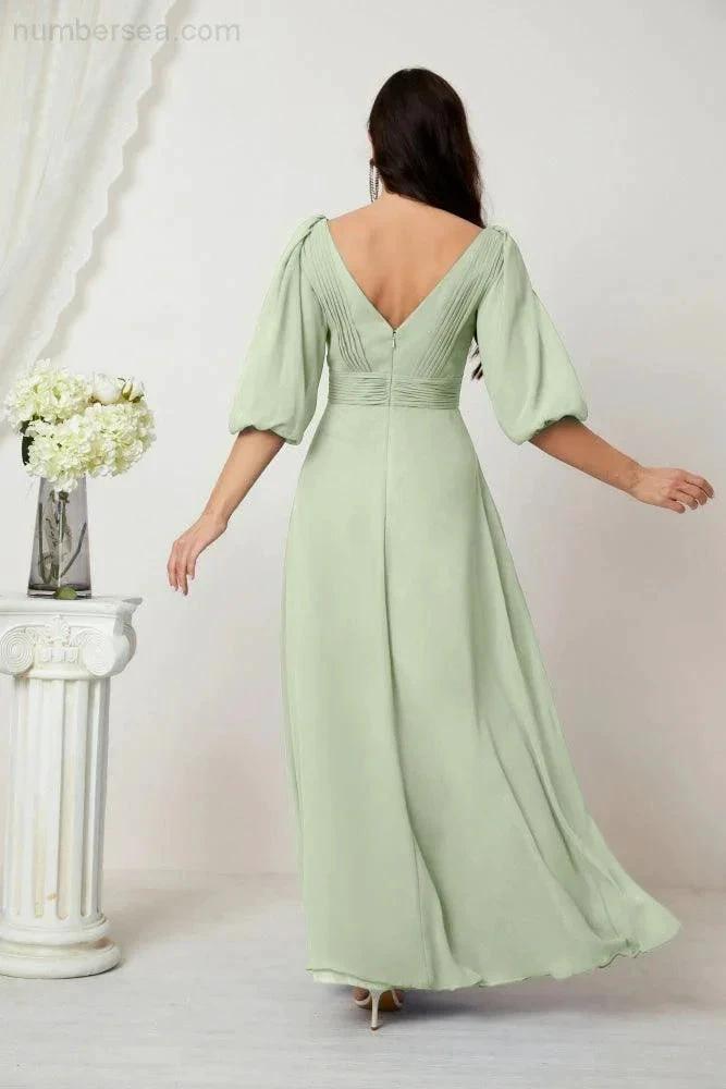 ZapDress Formal Prom Gown Women V-Neck Chiffon Bridesmaid Dresses Long Bishop Sleeve Party Dress 2807 (ZD17027)